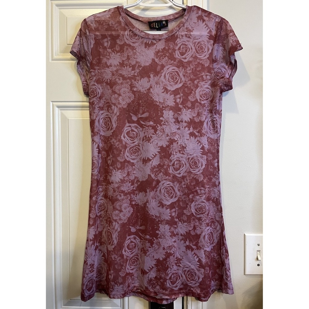 dELiA*s by Dolls Kill Sheer Mesh Floral Mini Dress Women XL Cover Up Rose Print